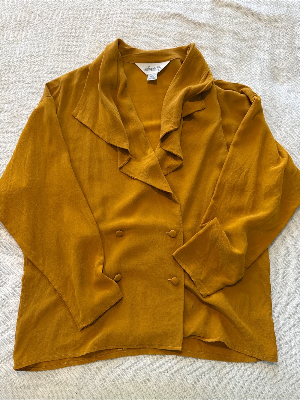 Ruffled Double-Breasted Silk Blouse Jacket — Mustard